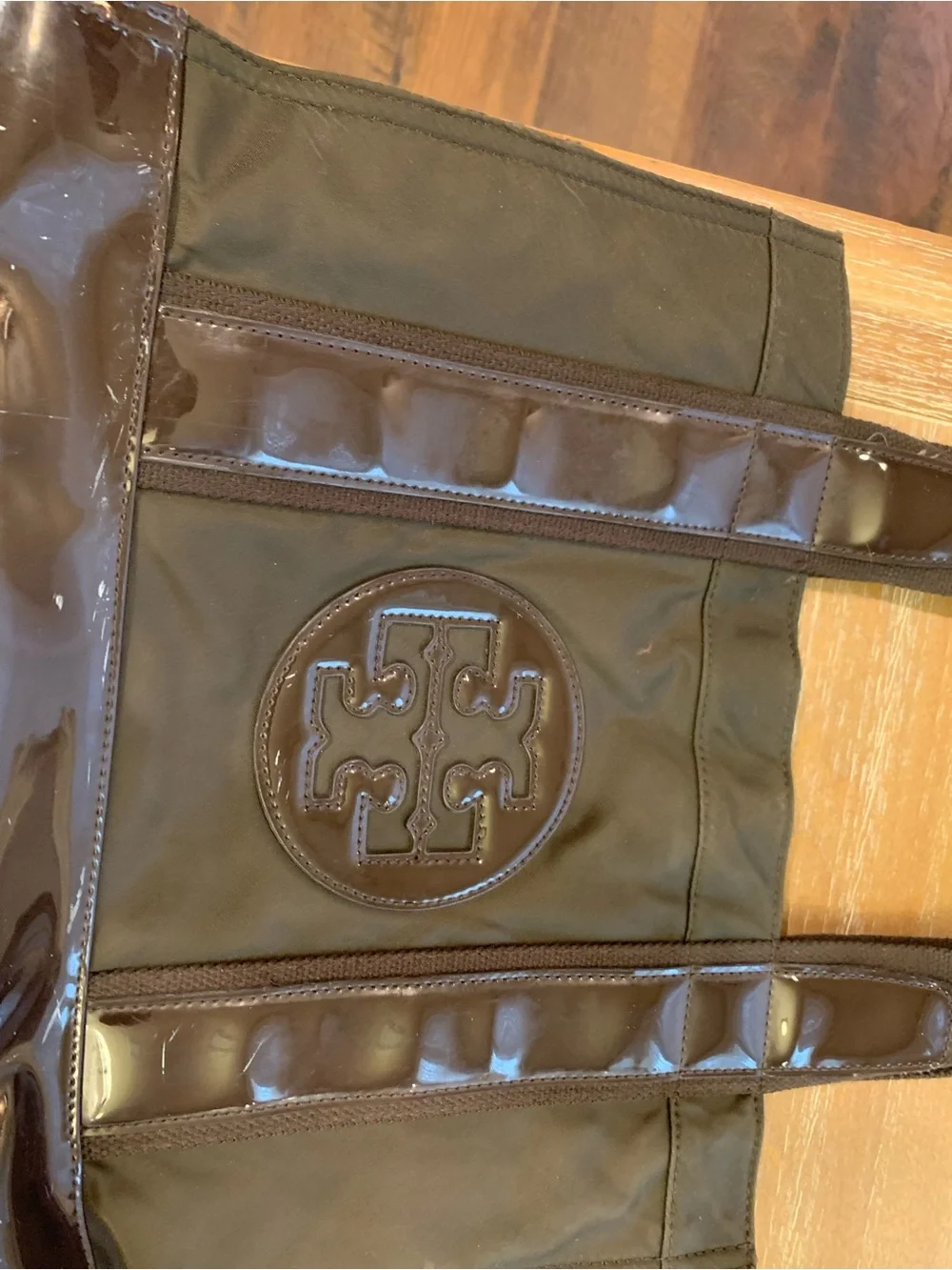 Tory Burch Olive and Dark Brown Nylon Tote with Patent Trim